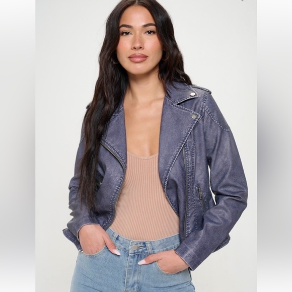 158. Denim Faux Leather Vintage Retro Moto Style NEW - Picture 3 of 4